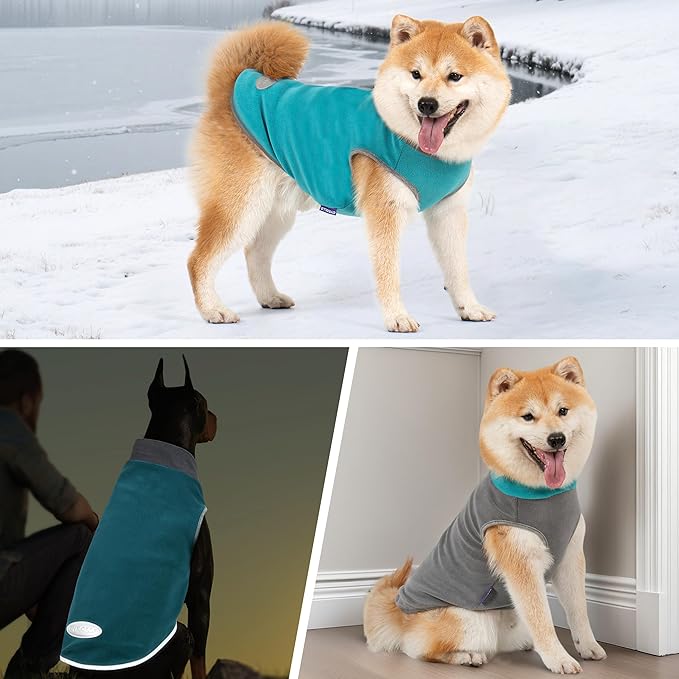 cyeollo 2 Pack Fleece Dog Sweater Stretchy Reflective Stripe Sweatshirt Pet Clothes Lightweight Dog Sweaters for Small Dogs Boy, Teal & Grey XL
