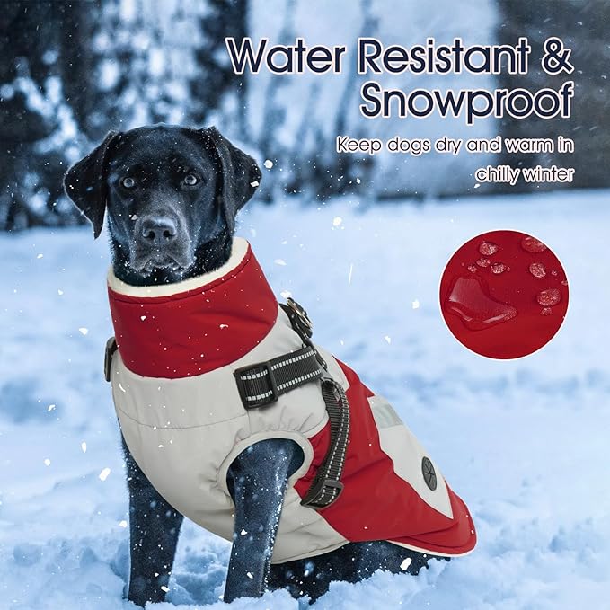 IECOii Warm Zip Dog Jacket - Fleece Lined Snowsuit, Reflective, Red, Small
