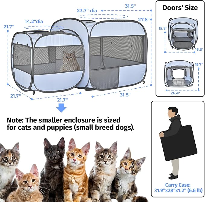 EighteenTek 2-in-1 Portable Cat Playpen, Detachable into 2 Separate Cages with Additional 2 Doors, Pop up Pet Play Pen Cat Tent House, Foldable Puppy Enclosure Kitten Crates Indoors Outdoor(Grey)