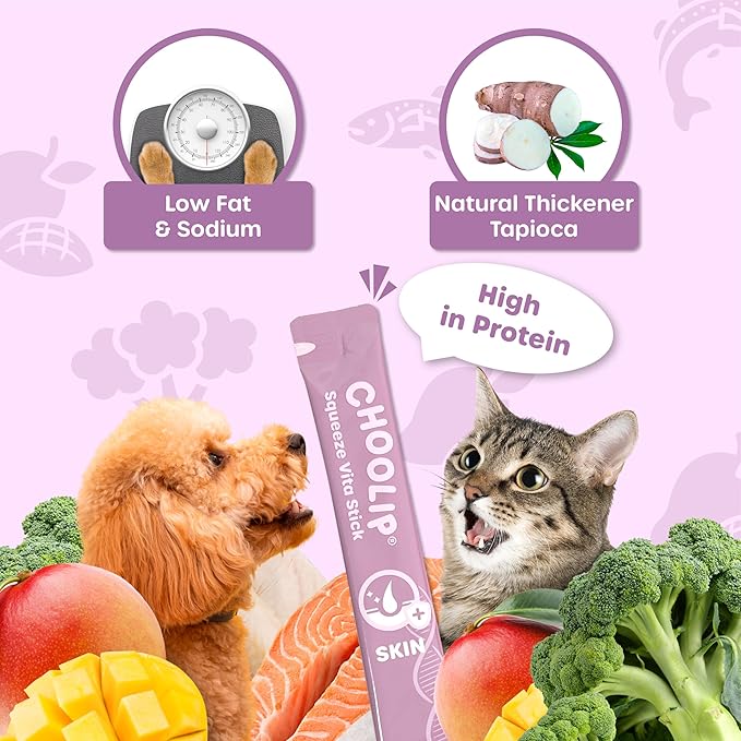 Choolip Squeeze Vita Stick Lickable Cat Treats & Dog Puree – 7-Count Skin & Coat Support Tubes, Creamy Grain-Free High-Protein Puree with Omega 3, Biotin & Vitamins for Healthy Fur & Skin