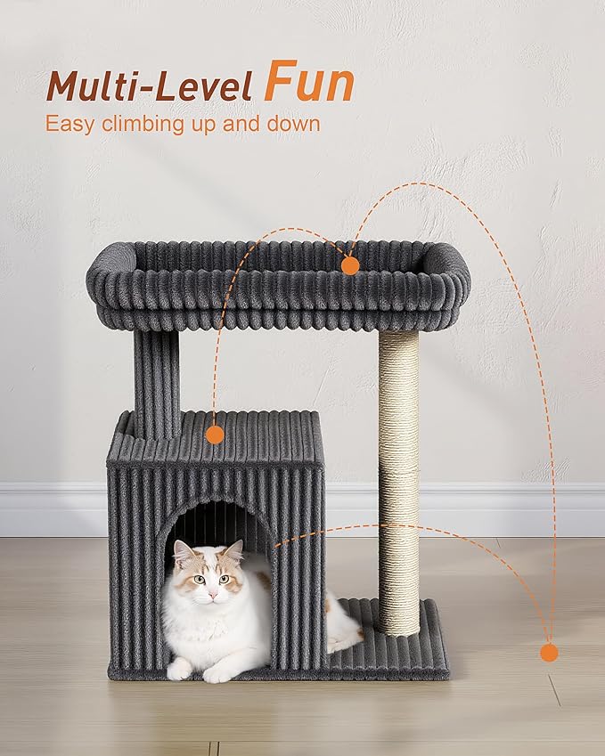 Cat Tree for Large Cat, 20.9 * 15.7in Large Perch Bed for Adult Cats, 22.8in Cat Tower with Scratching Post, Cat Condo with 2-Door for Indoor Cats, Dark Gray