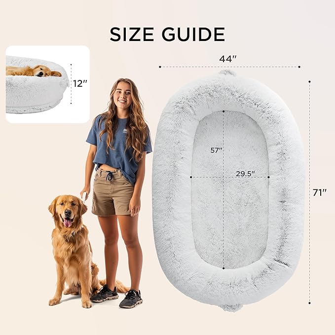 Bedsure Human Dog Bed, 71.0" x 44.0" x 12.0" Calming Giant Human Dog Bed for Adults People Fits Pet Families with Storage Pocket, Fluffy Faux Fur Orthopedic Pet Bean Bed, Frost Grey