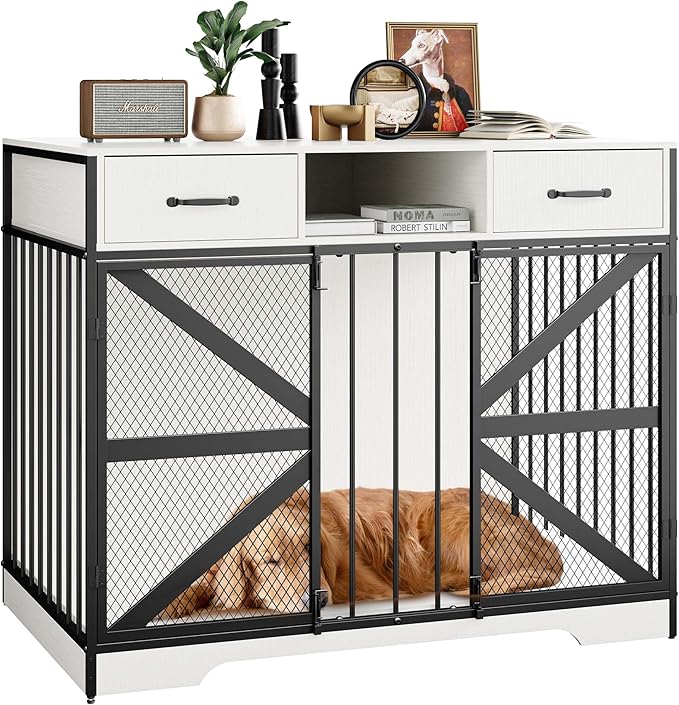 44" Large Dog Crate Furniture, Wooden Heavy Duty Dog Kennel TV Stand with 2 Drawers, Indoor Multi-Functional Decorative XL Furniture for Medium & Large Breeds, White