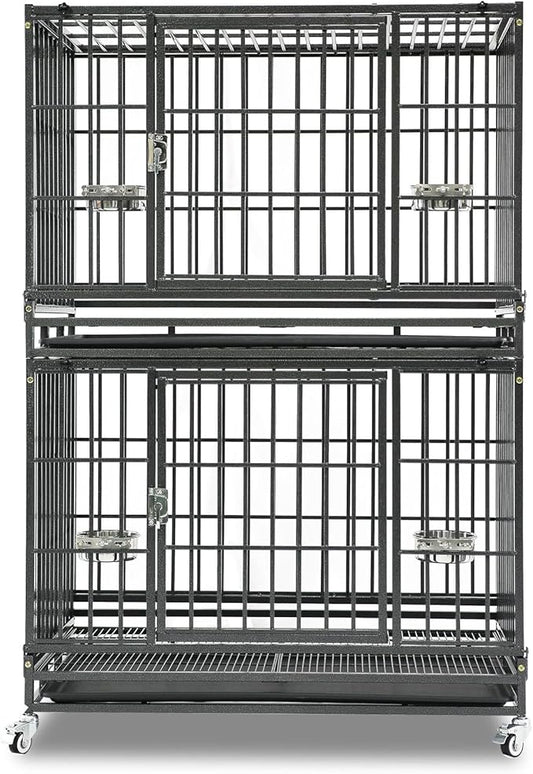Homey Pet Two Tiers 37 Inch Dog Crate, Escape Proof Dog Cage Kennel Indoor with Top Access and Lockable Wheels, Removable Tray, Heavy Duty Dog Crates for Medium/Small Dogs