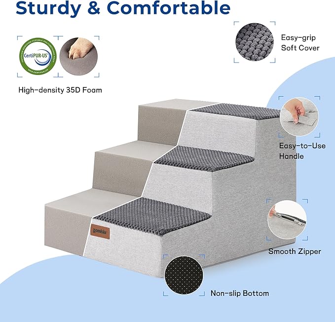 Dog Steps for Couch - Extra Wide Pet Stairs for Small Dogs and Cats, Dog Steps with Non-Slip Bottom Grey 3 Steps, Grey
