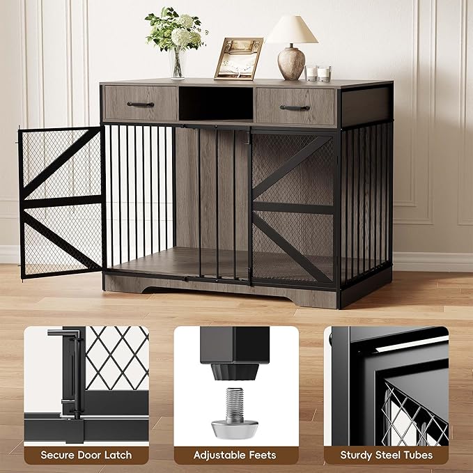 44" Large Dog Crate Furniture, Wooden Heavy Duty Dog Kennel TV Stand with 2 Drawers, Indoor Multi-Functional Decorative XL Furniture for Medium & Large Breeds, Grey