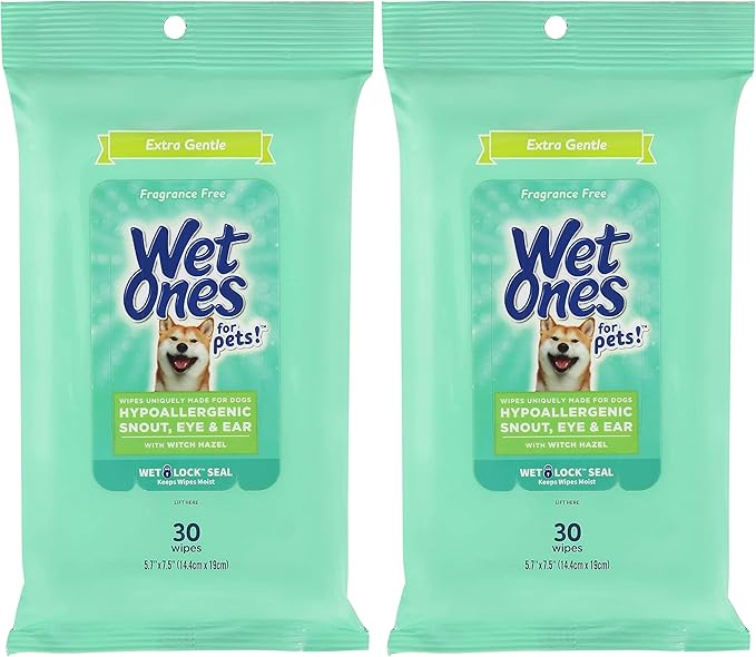 Wet Ones for Pets Extra Gentle Hypoallergenic Dog Wipes with Witch Hazel for Snout, Eye, Ear | Fragrance-Free for All Dogs with Wet Lock Seal | 30 Ct Pouch (Pack of 2)