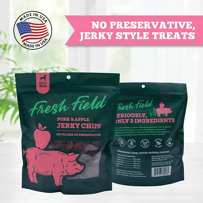 Fresh Field Pork & Apple Jerky Chips, 5 oz – All-Natural Dog Treats, USA Made, No Fillers, Supports Digestion & Nerves (Pack of 2)