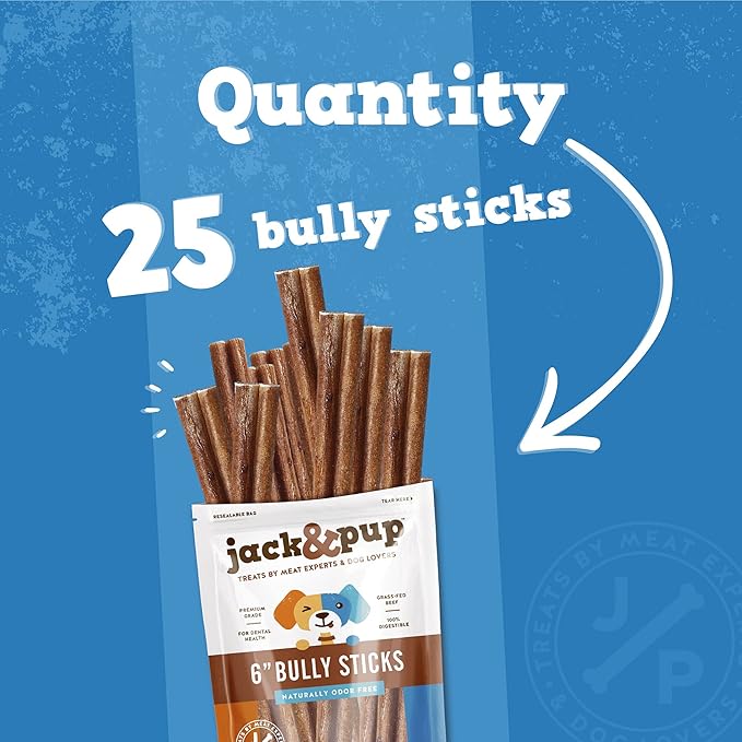 Jack&Pup 6 Inch Standard Bully Sticks for Small and Medium Dogs (25 Pack) Single Ingredient Dog Chew Bully Stick