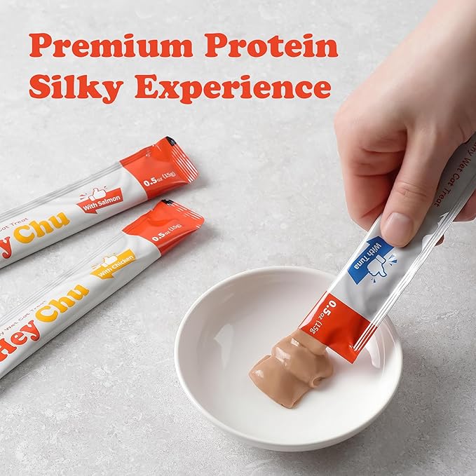 HEY CHU Squeezable Cat Treats, Lickable Puree, Grain-Free, 96 Tubes, Tuna Salmon Chicken, 0.5oz Each Tube