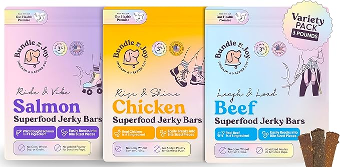 Bundle x Joy Dog Jerky Treats - Variety 3-16 Oz Bags Bags, Beef, Chicken & Salmon, Natural Superfood - Corn, Poultry, Soy & Grain Free Dog Treats Made in USA Only