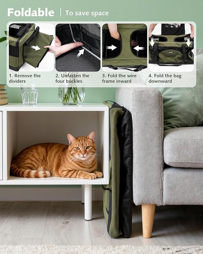 Pecute Cat Carrier for 2 Cats,Collapsible Soft Cat Carrier for Small to Medium Cat,can Hold 20lbs+ for Two Kitty Puppy,Stable and Secure Framework Design,Extra Large Dog Carrier for Travel,Green