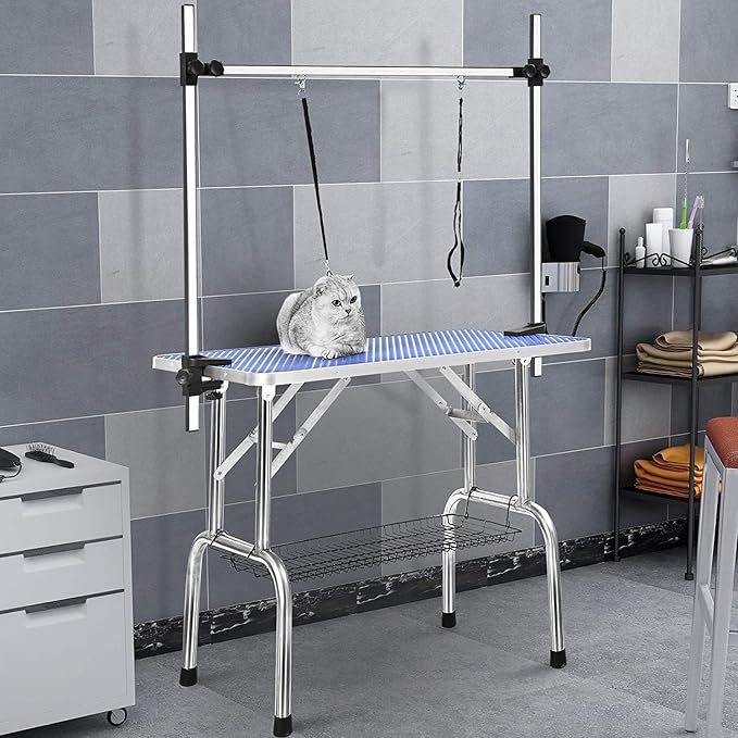 Pet Dog Grooming Table, Adjustable Large Heavy Duty Professional Foldable Trimming Stage with Arms, Noose, Mesh Tray, Maximum Capacity Up to 330LBS, 42''/Blue
