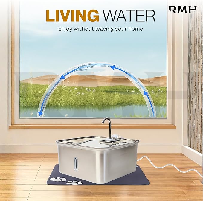 7L Stainless Steel Cat & Dog Water Fountain with 12×16 Waterproof Anti-Slip Mat, Automatic Pet Water Fountain with Quiet Pump, Triple-Stage Filter & LED Water Window for Multi-Pet Homes