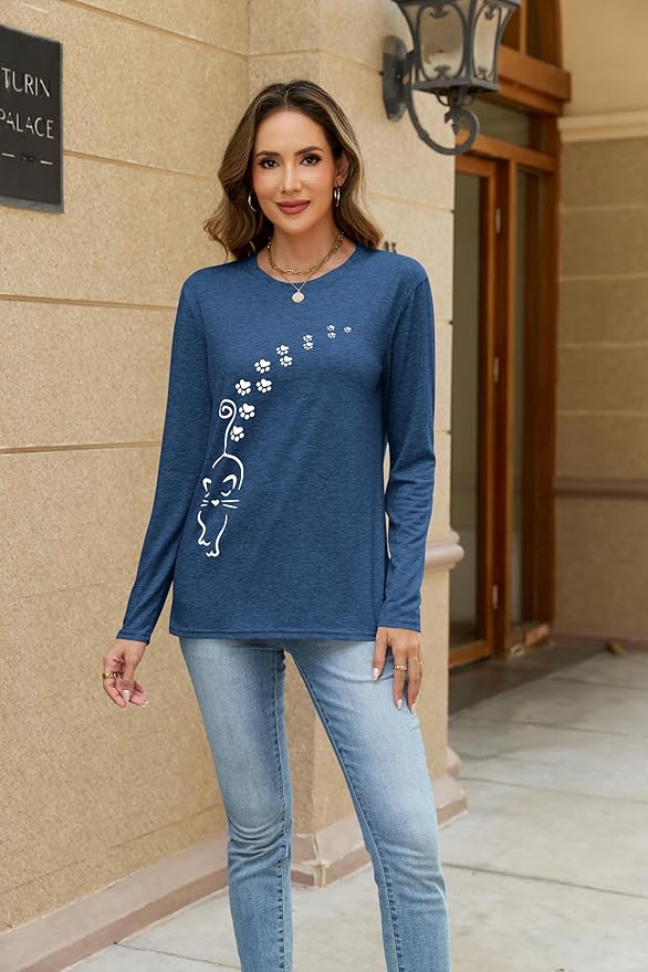 Women's Long Sleeve tees Cat Mom Graphic Tee Shirts Womens Graphic t Shirts Pullover Tops