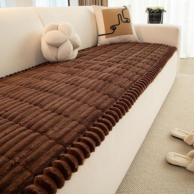 Faux Fur Plush Dog Couch Cover, 3D Stripe Fuzzy Sofa Covers, Non-Slip Fluffy Dog Bed Cover Pet Blanket, Washable Furniture Protector for Puppy Cat (Dark Coffee,28"x70")
