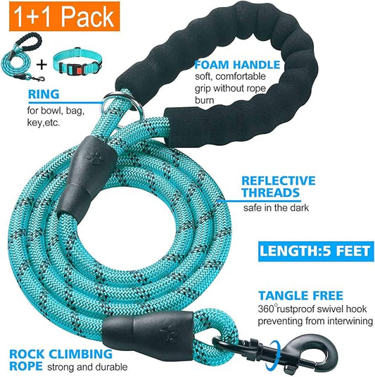 Heavy Duty Dog Leash - Comfortable Padded Handle, 5 ft Long - Dog Leashes for Small Medium Large Dogs (Leash+Collar XS Neck 10.5"-13.5", Blue)