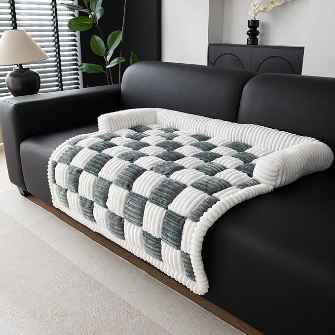 LiveGo Fuzzy Pet Couch Covers for Sofa, Dog Couch Cover Fuzzy Sofa Cover Cream Square Plaid Dog Bed Plush Dog Mat for Furniture Protector for Large Medium Dogs and Cats (Blue Gray, 29.5"*29.5")