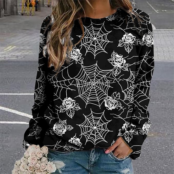 MARSVOVO Fall Sweatshirt for Women Novelty Spider Web Shirt Dressy Casual Crewneck Tunic Tops Spring Graphic Pullover