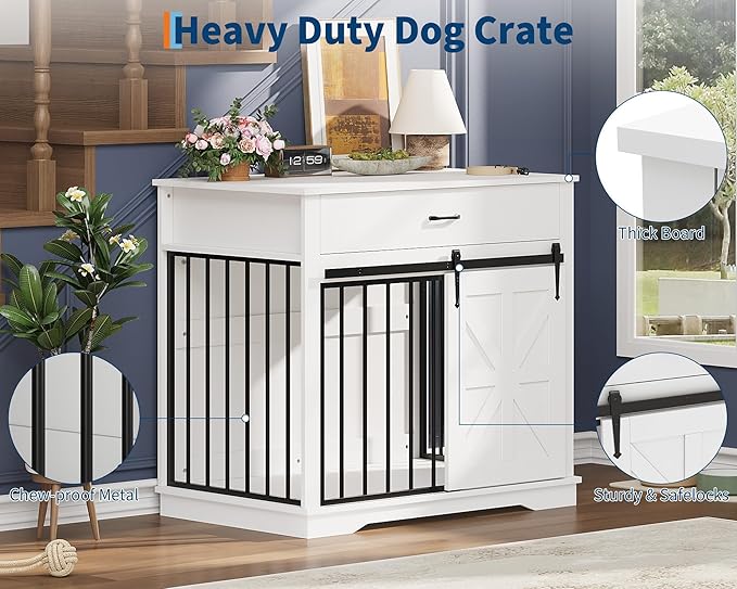 37.8" Dog Crate Furniture, Farmhouse Style 2-in-1 Dog Crate with Sliding Barn Door for Small/Medium Dogs, Dual Function as Side Table with Storage Drawer, 2-in-1 Iron-Wood Fusion Design, White