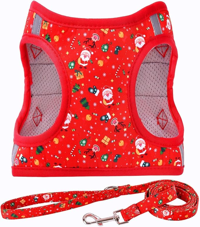 Moonpet Step in Christmas Xmas Day Dog Harness Leash Set - All Weather Reflective No - Pull Floral Pattern Padded Mesh Vest Harness for Cats Puppy Extra-Small Small Medium Large Dogs - L