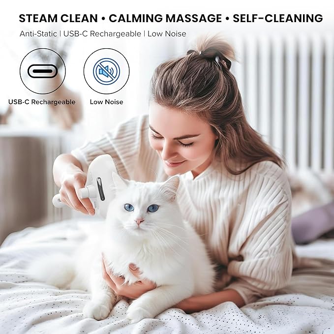 3-in-1 Anti-Static Pet Steam Brush for Dogs & Cats - Steam Clean, Calming Massage & Self-Cleaning Hair Ejection, Quick Heat-Up, USB-C Rechargeable, Low-Noise Deshedding & Dematting - White