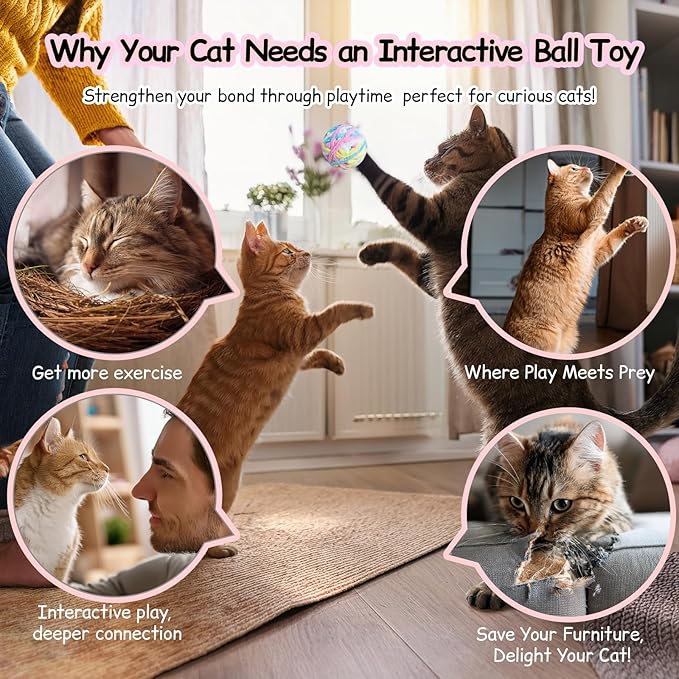 Zeeptix Cat Toys Balls 12Pcs Yarn Cat Balls with Bells Inside, Interactive Kitten Chew Toys for Indoor Kittens Kitty,Muticolor, Crinkle Toys Set，1.7 inches