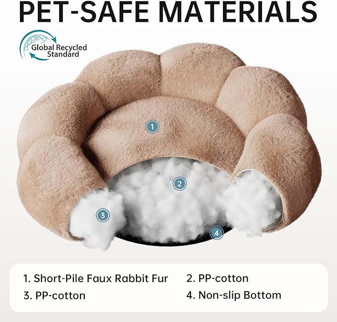 OhGeni 20 inches Calming Donut Dog & Cat Bed for Small Pets, Warming Comfort Fluffy Short Pile Fur, Durable Machine Washable Bed, Cute Round Bed for Puppy and Kitten, Camel