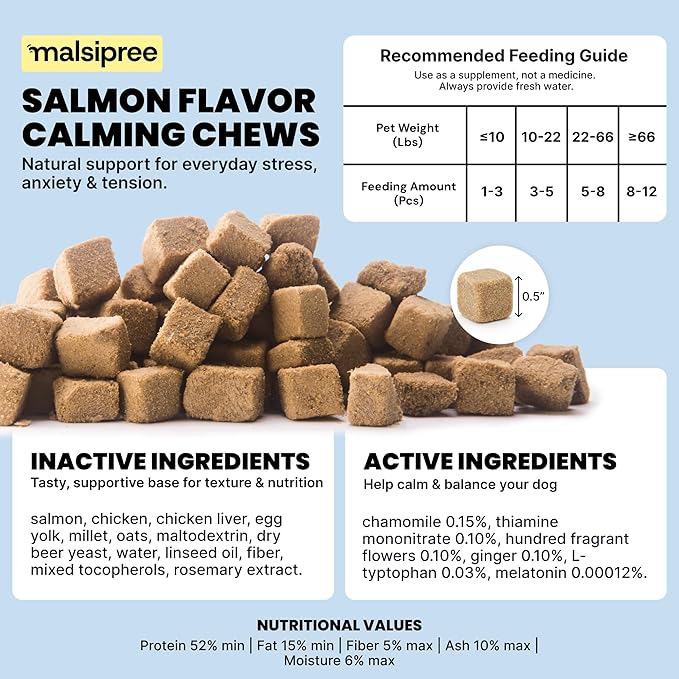 MalsiPree Calming Chews for Dogs - 145 pcs Salmon - Helps Regulate Mood - Anxiety Relief Treats - No Sedative Effect - Freeze Dried - with Passion Flower & Melatonin