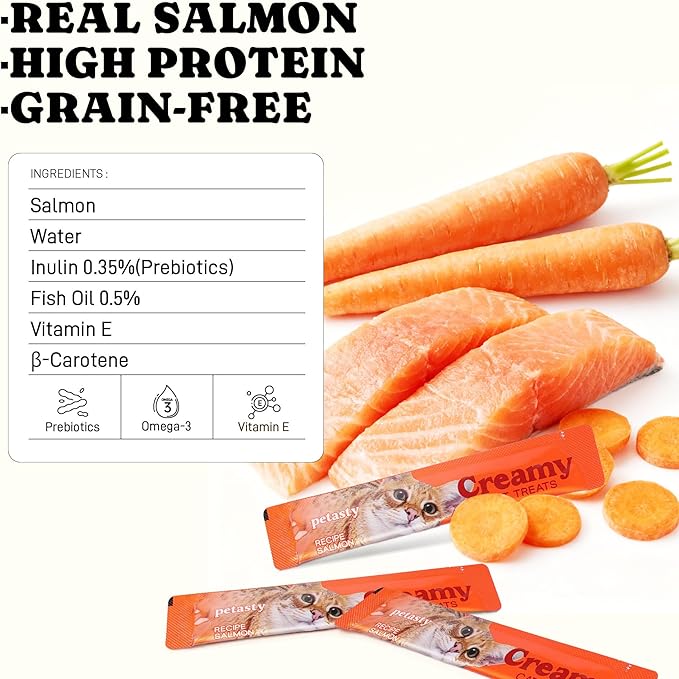 PETASTY Lickable Cat Treats, High Moisture Hydrating Creamy Puree Squeeze Tubes, Slamon Flavor, 20 Tubes 0.5oz, Grain-Free, Omega Oils & Vitamin E, Skin & Coat Health, Digestive and Immune Support