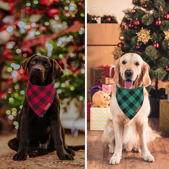 ADOGGYGO 4 Pack Dog Bandana Christmas Classic Plaid Bandana Scarf, Multiple Sizes Offered, Blue White Green Red Plaid Bandana for Medium Large Dogs (Large)