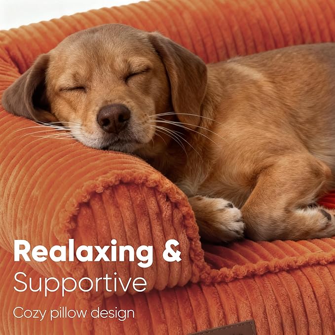 FUKUMARU Cute Dog Bed, Waterproof Corduroy Dogs Couch, 36in Orthopedic Pet Sofa for Medium to Large Dogs Dog, Warm Cotton Pet Bed with Washable Cover, Large, Orange