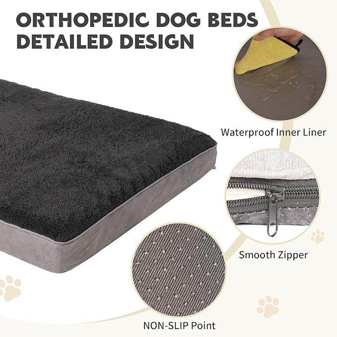 Dog Beds Waterproof Medium/Large Sized XL Foam Pet Beds Removable Washable Cover Dog Sofa Egg Crate Foam Support with Zipper Bottom Bolster Deluxe Plush Mat (Grey+38.2x27.5x3.5in)