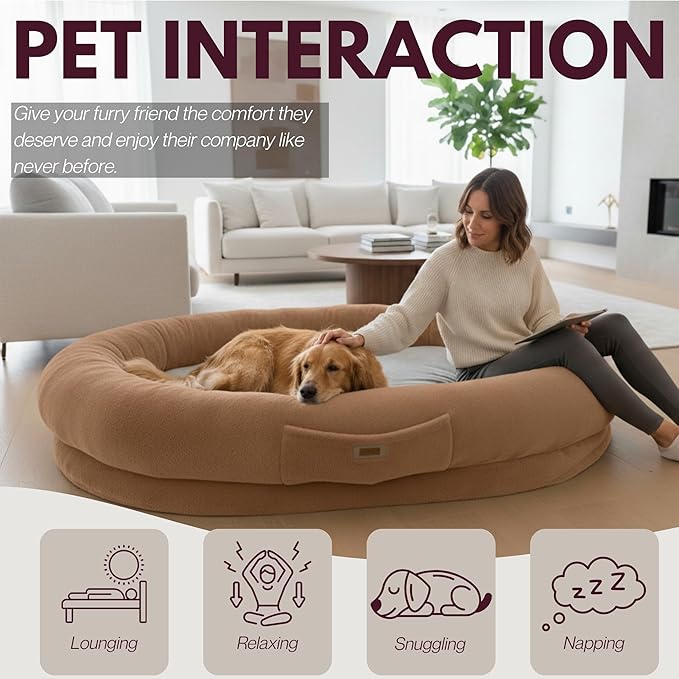 Human Dog Bed for Adults & Pets – Extra Large Cozy Lounger with Ultra-Soft Plush Fabric, Premium Egg Crate Foam & Removable Washable Cover – Oversized Pet Bed for Relaxation & Bonding (Brown & Beige)
