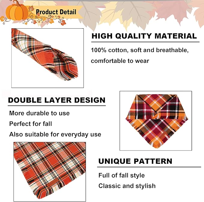 ADOGGYGO Fall Dog Bandana with Tassels Edges, Stylish Orange Plaid Pet Scarf, Multiple Size, Thanksgiving Halloween Fall Bandanas for Small Dogs (Small)