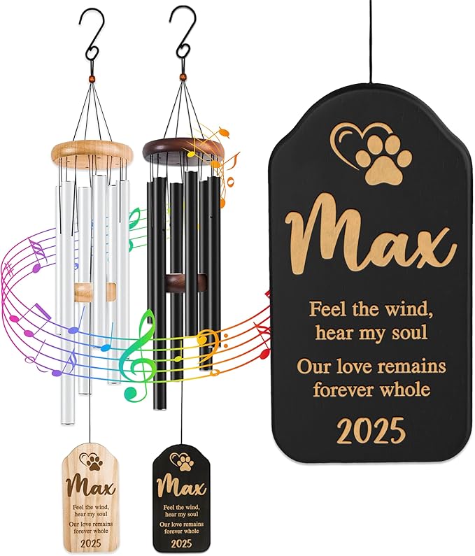 Personalized Dog Memorial Gifts for Loss of Dog Wind Chime w/Name & Date, Feel The Wind, Hear My Soul - Sympathy Gifts - 37" Custom Engraved Pet Memorial Wind Chime Gift - Black Color, D3