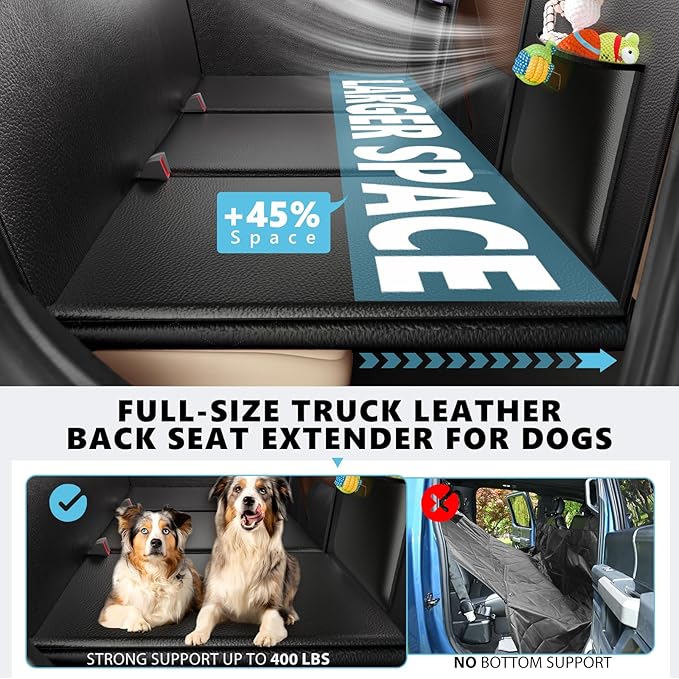 Back Seat Extender for Dogs-Leather Upgraded Foam, Hard Bottom Dog Seat Cover for Truck Back Seat, Dog Hammock for Truck Crew Cab F150, RAM1500, Sierra, Silverado,Tundra, Titan（59‘x29’