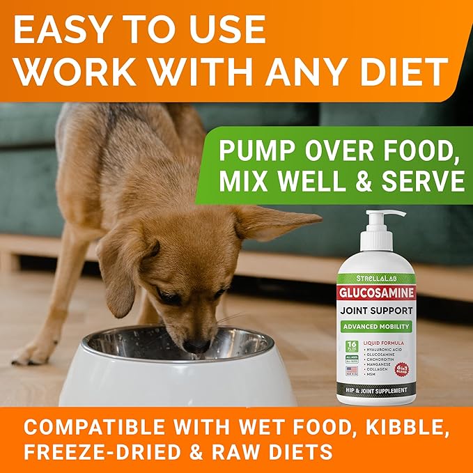 STRELLALAB Liquid Glucosamine for Dogs w/Collagen (16 OZ) - All-Natural Hip & Joint Supplement, Glucosamine Chondroitin for Dogs, MSM & Collagen for Dogs Mobility, Joint Pain Relief for Small & Large