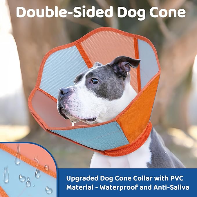 SUNFURA Dog Cone - Soft Cone for Dogs to Stop Licking, Pet E-Collar Alternative After Surgery, Adjustable Pet Recovery Collar for Wound Healing, Orange Blue Medium