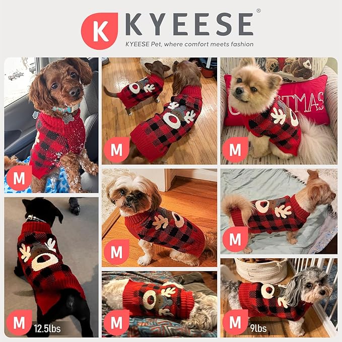 KYEESE Dog Christmas Sweater with Reindeer Pattern, Red Buffalo Plaid Knitwear, Turtleneck Dog Sweater for Small Dogs with Leash Hole, Cozy Winter Holiday Outfit, Warm Soft Pet Clothes, Medium