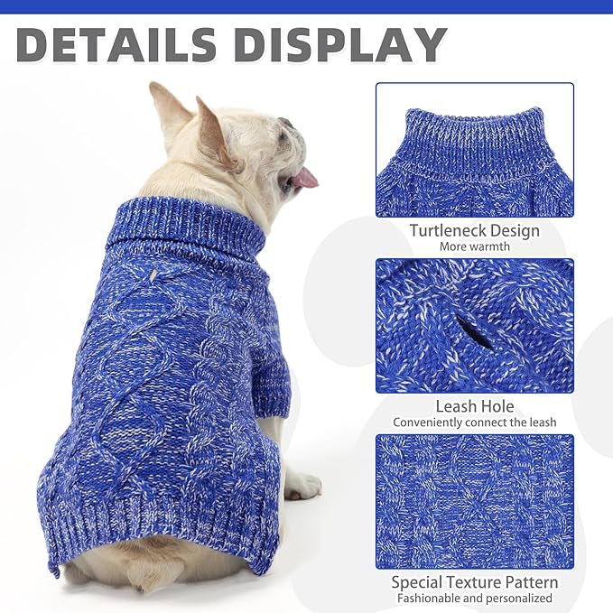KOOLTAIL Thermal Knitted Dog Sweater for Small Medium Large Dogs, Turtleneck Cable Knit Doggy Winter Coat Warm Clothes Sweatshirt Outfits for Cold Weather,Pullover Pet Jumper for Puppy Cats Blue XL