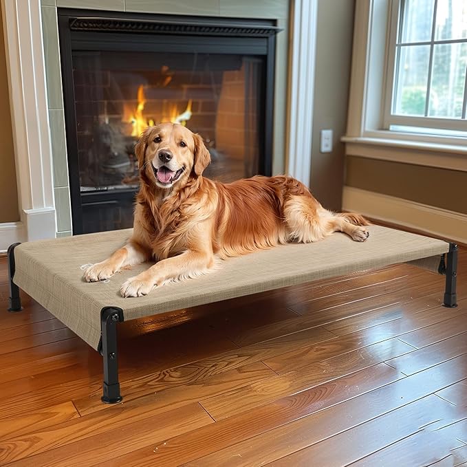 Veehoo Cooling Outdoor Dog Bed, Heavy Duty Elevated Pet Bed with Washable & Breathable Teslin Mesh, Non-Slip Silicon Feet, Dog Cot Bed with Support Hem, 47" x 29", Beige Coffee, CWC2433