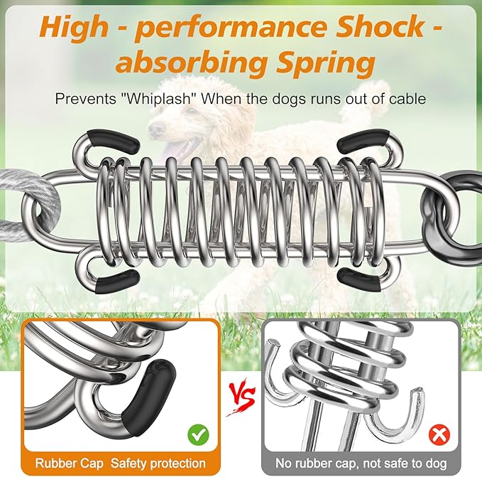 Tresbro 30 FT Dog Tie Out Cable with Spring, Shock Absorbing Tether Chains for Outside Aavilable in 10/15/20/25/30/40/50/70/100/120 FT, Heavy Duty Leads for Yard for Medium & Large Dogs Up to 500 LBS