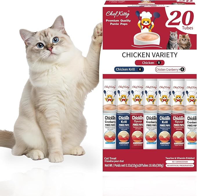 Chef Kitty Purée Pops, Cat Treats, Grain-Free, Lickable, Squeezable Creamy Cat Treat/Topper with Vitamin E & Taurine, 0.5 Ounces Each Tube, 20 Tubes, Chicken Mix Variety