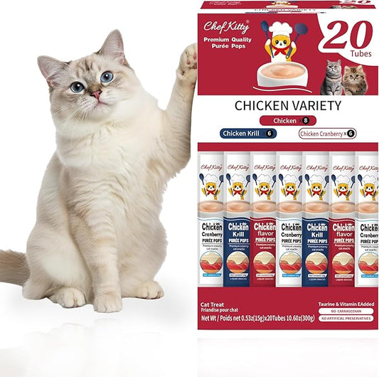 Chef Kitty Purée Pops, Cat Treats, Grain-Free, Lickable, Squeezable Creamy Cat Treat/Topper with Vitamin E & Taurine, 0.5 Ounces Each Tube, 20 Tubes, Chicken Mix Variety