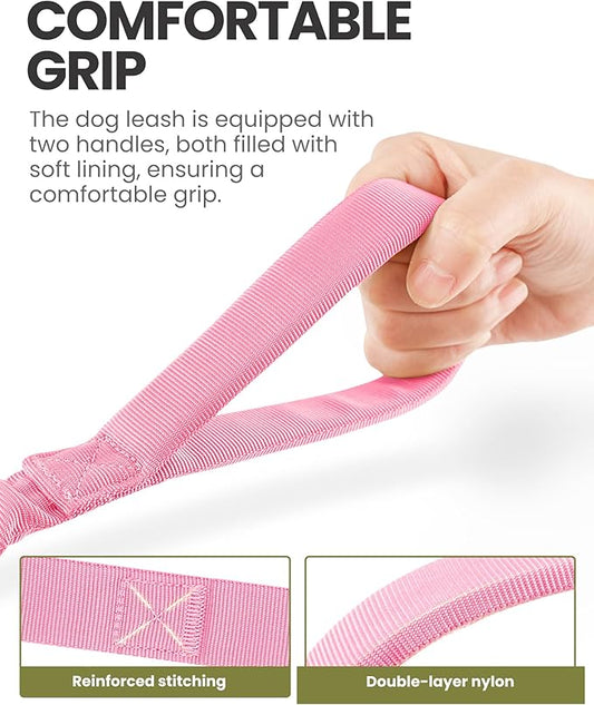 OutdoorMaster Bungee Dog Leash, Heavy Duty Dog Leash with Shock Absorption, 2 Padded Handles Training Leash, Improved Dog Safety and Comfort - Pink Upgraded, 6 FT