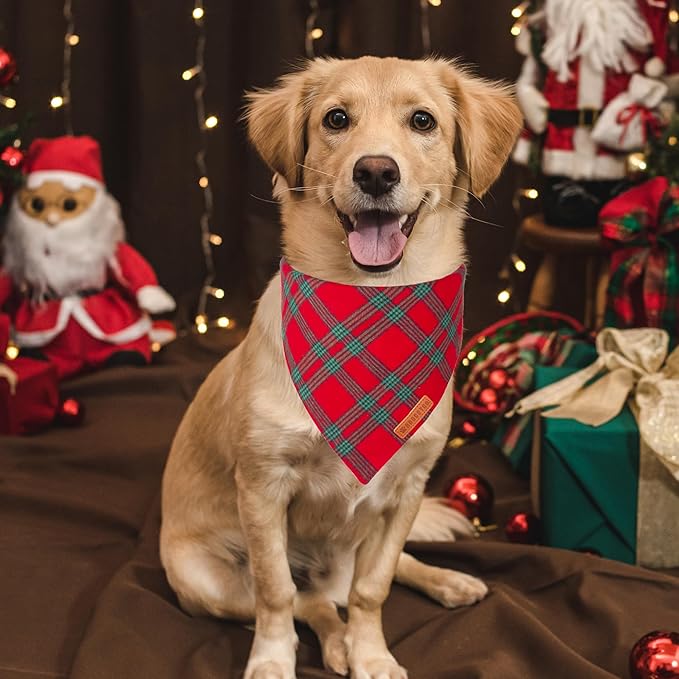 ADOGGYGO Christmas Dog Bandanas 2 Pack, Red Green Plaid Pet Xmas Scarf Bib, Multiple Sizes, Christmas Bandanas for Large and Extra Large Dogs (X-Large)