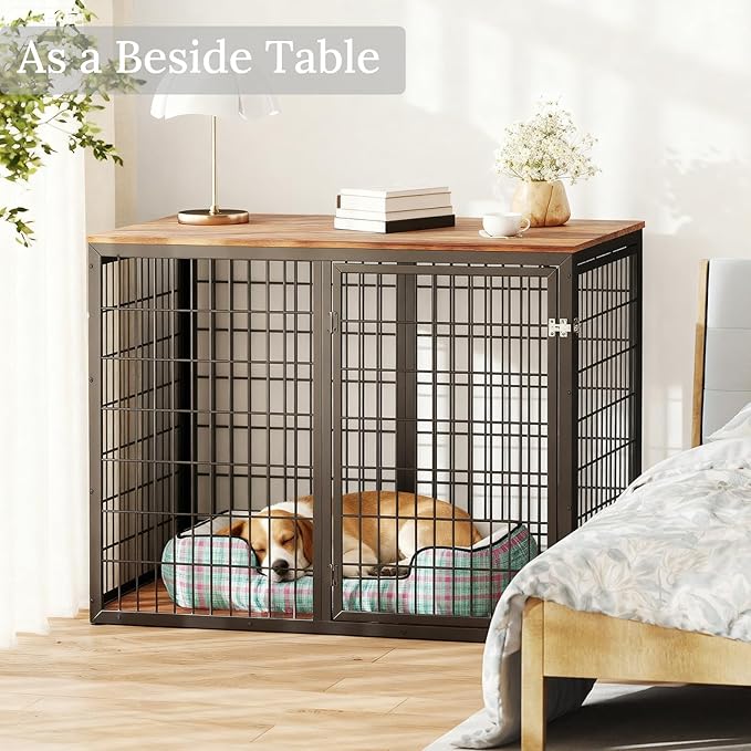48" Dog Crate Furniture for Medium Large Dogs, Indestructible Large Dog Kennel Indoor with 3 Doors, Wooden Dog Cage Side End Table, Heavy Duty XL Dog Crate, Brown