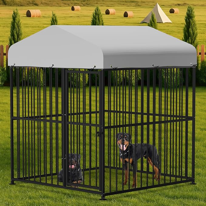 VIVIJASON 6 x 6 x 6 Ft Large Outdoor Dog Kennel, Heavy Duty Metal Frame Dog Cage with Thickened Bars, UV & Waterproof Cover, Outside Pen Playpen Dog Run House for Large to Small Dogs