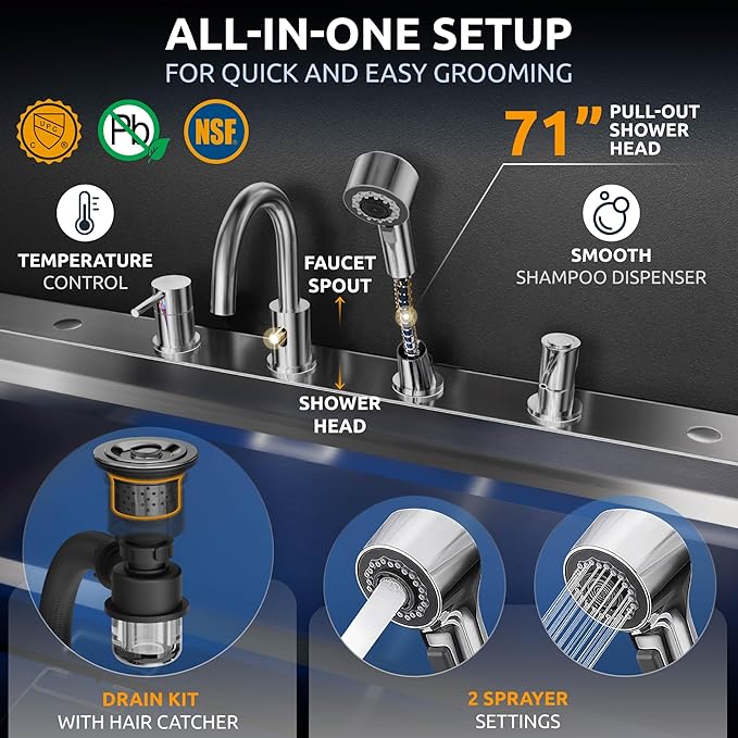 KANIS Black Line Professional Dog Washing Station - 304 Stainless Steel Pet Wash Sink & Grooming Bathtub w/Shower, Floor Grates and Storage for Large, Medium & Small Pets (50", 1 Drawer - Left Ramp)